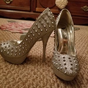 Silver sparkle platform heels with studs